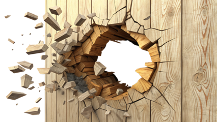 Hole breaking through the wooden wall isolated on white background as transparent. PNG. AI GENERATED.