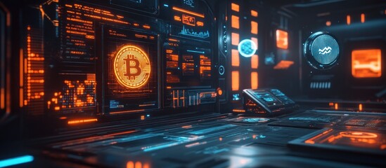 Obraz premium Futuristic technology room with a large Bitcoin symbol displayed on a monitor.