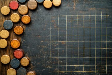 Vintage game board with wooden tokens and handdrawn grid, boardgame, nostalgic family game night concept