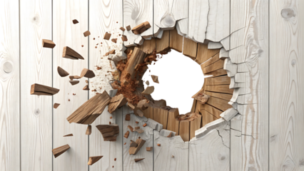 Hole breaking through the wooden wall isolated on white background as transparent. PNG. AI GENERATED.