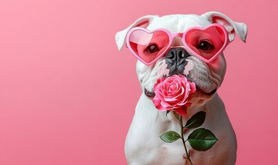 cute bulldog puppy with pink rose and heart sunglasses for love and valentine celebration