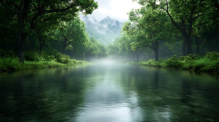 Obraz premium A crystal-clear stream winding through a dense forest, vibrant green foliage reflecting on the water, symbolizing the natural flow of life and time Ultra-Realistic, Photo Realistic 