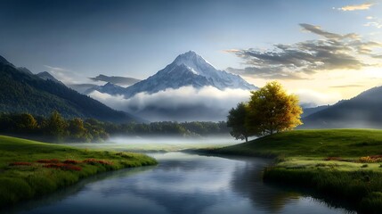 Fototapeta premium Peaceful river meandering through a meadow of colorful wildflowers, the water reflecting the vibrant colors of nature, symbolizing the idea that time never goes backward Ultra-Realistic, Photo 