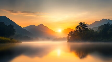 Fototapeta premium Sunset over a tranquil river, golden rays reflecting on the water, distant mountains creating a peaceful backdrop, capturing the concept of time and life moving forward Ultra-Realistic, Photo 