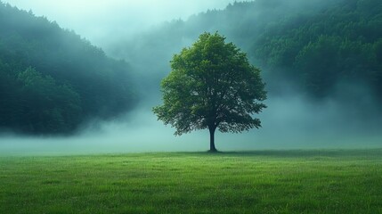 Obraz premium A solitary tree emerges through mist and fog in a lush forest, capturing the essence of tranquility.