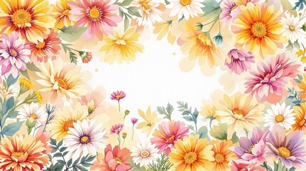 Obraz premium Charming watercolor painting of a mix of marigolds, gerbera daisies, and cosmos in a cheerful floral arrangement, charming, white background, marigolds