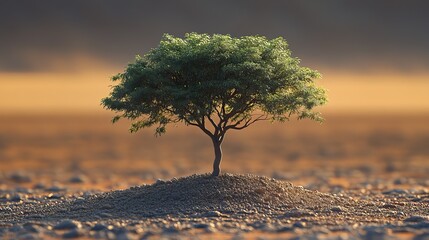 A solitary tree stands resilient in a barren desert landscape, representing endurance.