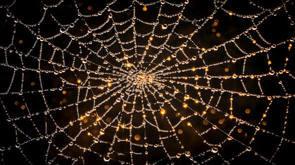 Obraz premium A close-up view of a spider web adorned with glistening droplets, creating a mesmerizing pattern against a dark background.