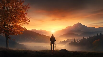 Obraz premium A person hiking alone on a mountain trail, stopping to admire the view, embracing solitude and self-reflection, Ultra-Realistic, Photo Realistic 