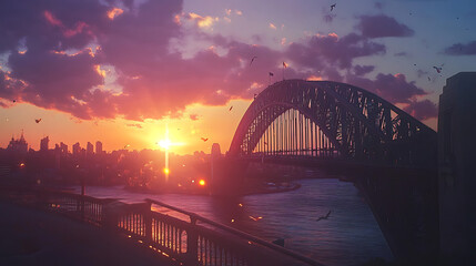 Obraz premium Sunset over the bridge with reflection on the water