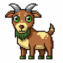 Obraz premium Pixel Art Goat with Green Eyes and Horns in 8 Bit Retro Style