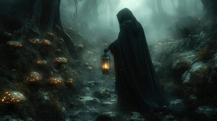 Obraz premium Mysterious Figure in a Glowing Mushroom Forest