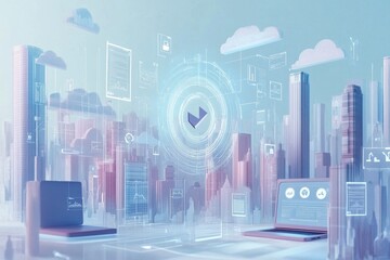 Fototapeta premium Futuristic cityscape with digital interface elements and laptops, symbolizing technological innovation and smart city concepts.