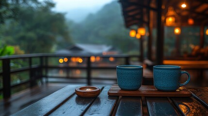 Fototapeta premium Two Cups of Tea on Rainy Day Balcony with Mountain View