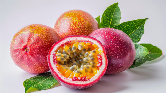 Pink ripe passion fruits (Passiflora edulis) displaying seed-filled centers, accentuated by green leaves