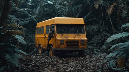 Abandoned Yellow Bus in Lush Jungle - Mystery and Exploration