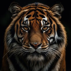 Fototapeta premium Close-up portrait of a majestic tiger with intense eyes staring directly at the camera, set against a dark background.