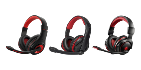 Set of Black and red gaming headset on transparent background PNG Generative AI