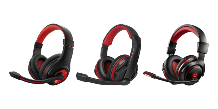 Set of Black and red gaming headset on transparent background PNG Generative AI