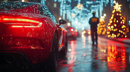 DUI Concept, car stopped at a DUI, A police officer standing next the car, christmas decoration in the background.