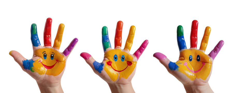 Set of Colorful child hands painted with smile on transparent background PNG Generative AI