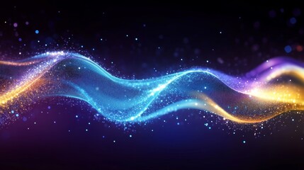 Obraz premium Vibrant Digital Waves of Light Abstract Art in Blue Green Yellow Orange on Dark Purple Background