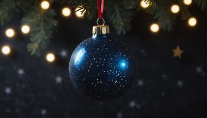 A single, glowing Christmas ornament on a dark, starry background