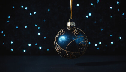 A single, glowing Christmas ornament on a dark, starry background