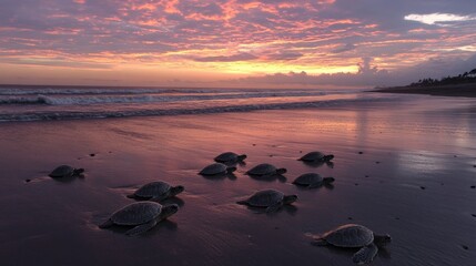 Sea Turtles Nesting Under a Vibrant Sunset