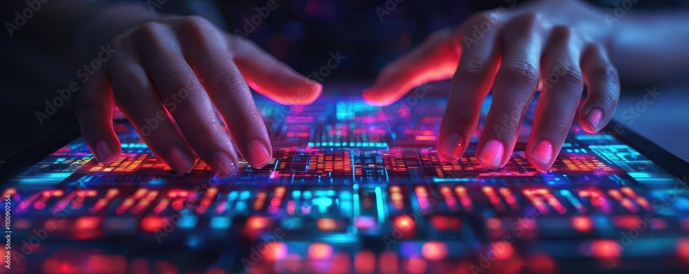 Poster a close-up of hands interacting with a vibrant, illuminated touchscreen display filled with colorful