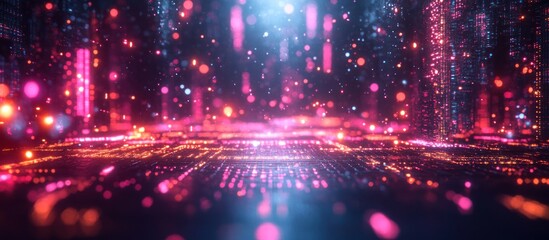 Fototapeta premium Abstract futuristic digital city with glowing lights and particles.