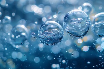 Soap bubbles on blue bokeh background.