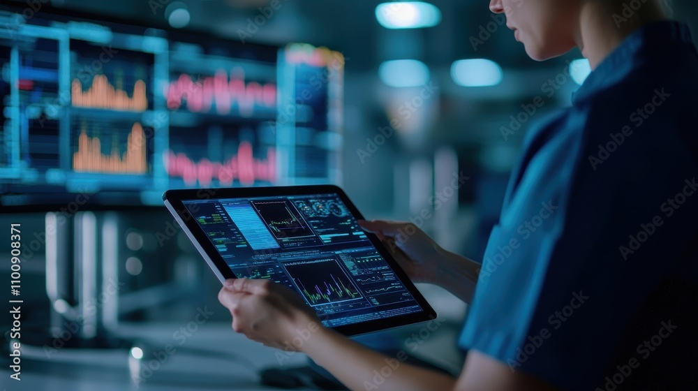 Poster a focused professional analyzes data on a tablet, surrounded by multiple screens displaying graphs a
