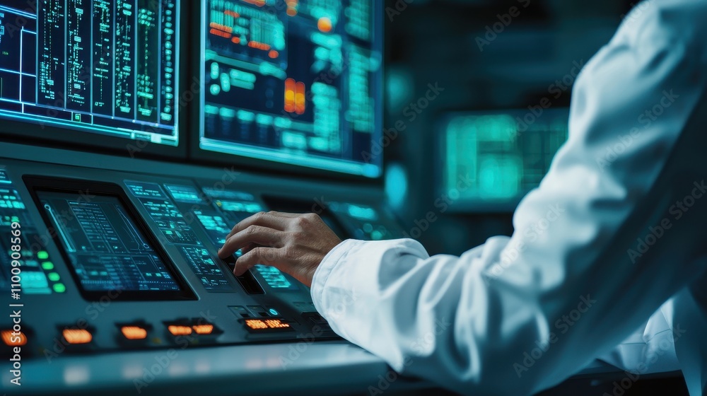 Poster a technician operates a control panel filled with screens and data visuals, indicating a high-tech e