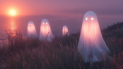 Enigmatic Glowing Ghosts at Sunset on Coastal Grassland