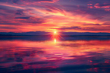 Breathtaking Sunset Over Tranquil Waters with Mountain Silhouettes and Vibrant Sky Reflections