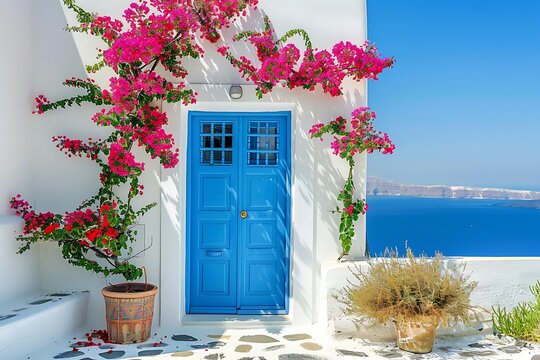 Beautiful blue door with flowers on Santorini island.