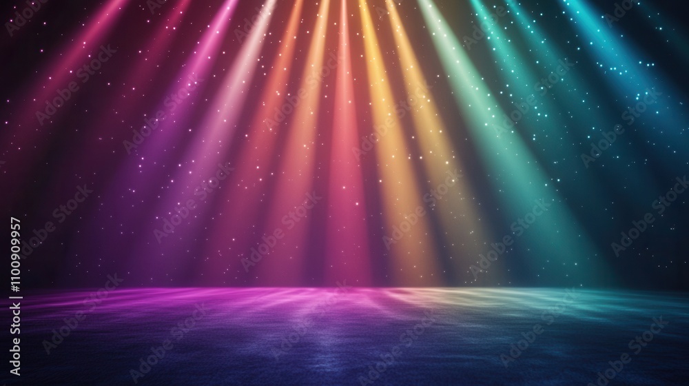 Poster A vibrant display of colorful beams of light shines down, creating a dynamic atmosphere with a glimmering surface.