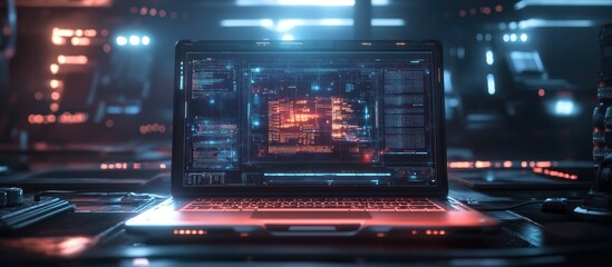 Obraz premium A futuristic laptop with a glowing screen displaying data and code on a dark, industrial background.