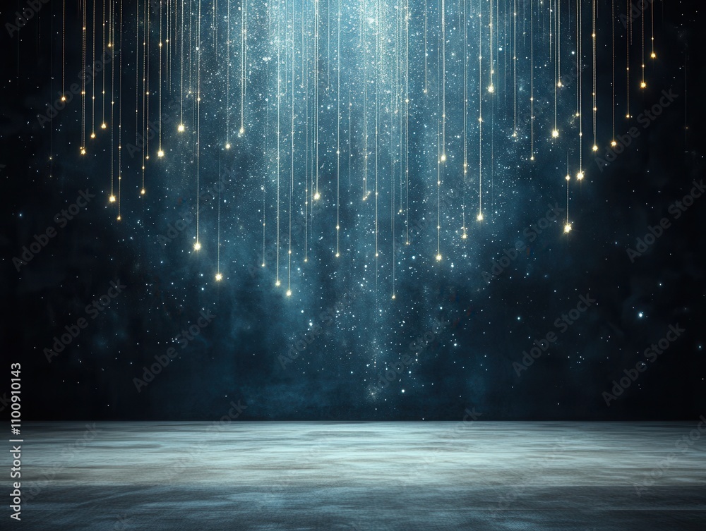 Poster a serene, starry background featuring cascading lights against a dark, mystical backdrop, creating a