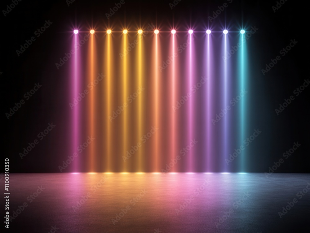 Poster A colorful display of vertical light beams against a dark background, creating a vibrant and dynamic atmosphere.