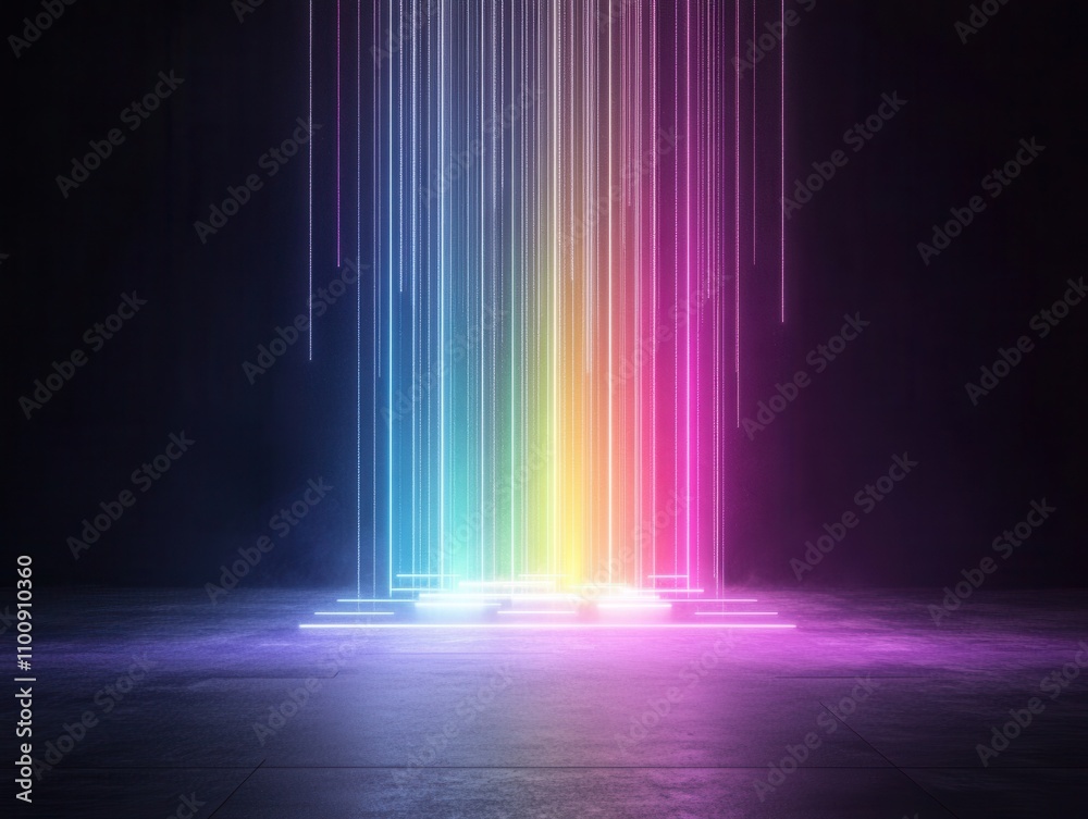 Poster A vibrant display of colorful light beams emanating from a dark background, creating a mesmerizing, ethereal atmosphere.