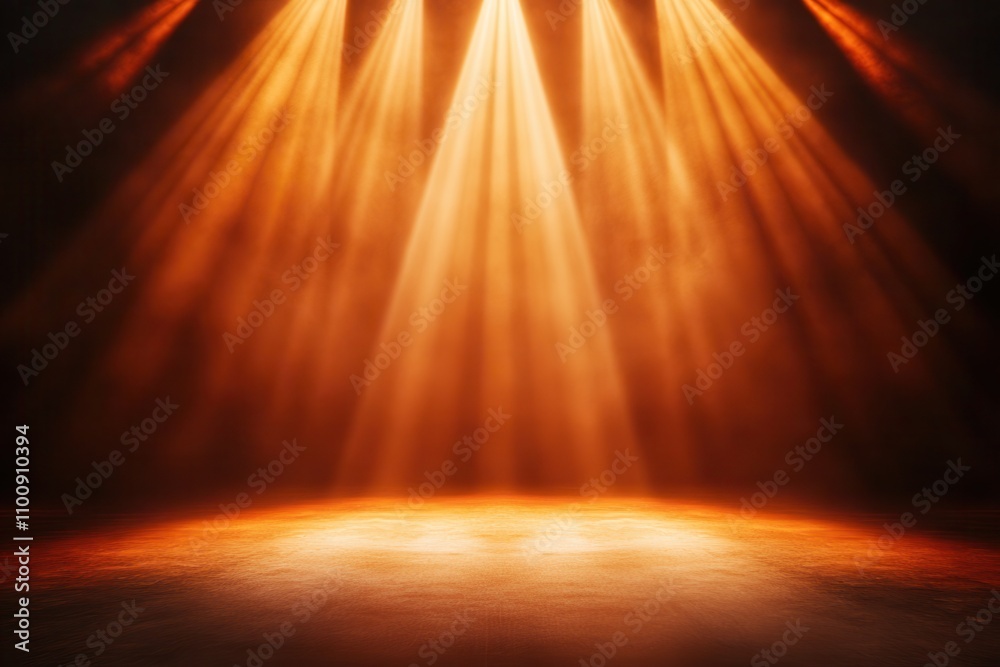 Poster a dramatic stage lighting scene with warm, orange beams illuminating a dark space, creating an invit