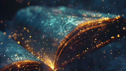 Obraz premium Mysterious Book with Glowing Golden Pages Surrounded by Particles in an Enigmatic Atmosphere Offering a Sense of Wonder and Discovery