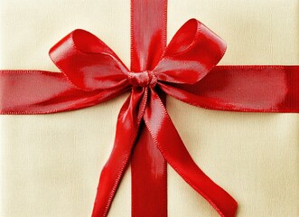Elegant close-up of a beige gift box adorned with a vibrant red satin ribbon, tied in a perfect bow.  Perfect for holiday or celebratory themes.
