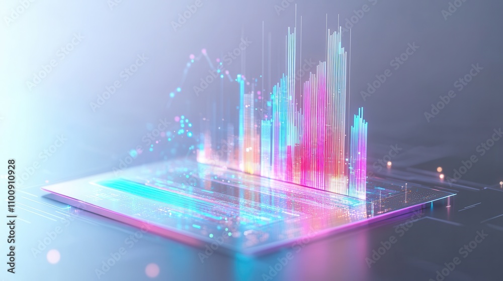 Poster A vibrant digital visualization of data, showcasing colorful spikes and bars representing various metrics on a sleek, modern interface.