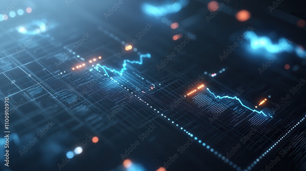 Poster A digital visualization of fluctuating data, featuring glowing lines and graphs that represent analytics and trends in a futuristic style.