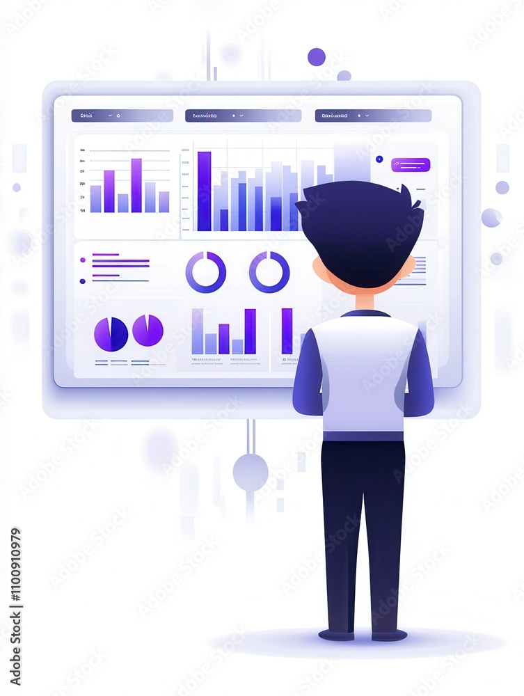 Poster A person analyzes data visualizations on a digital screen, focusing on graphs and metrics to gain insights.