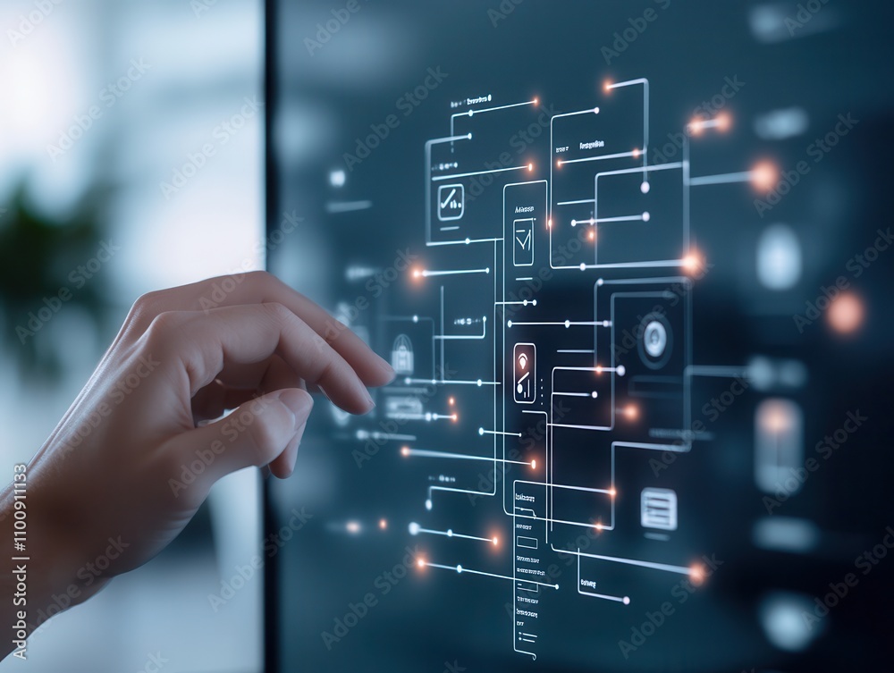 Poster A hand interacts with a digital interface displaying network connections and icons, illustrating technology and data interaction.
