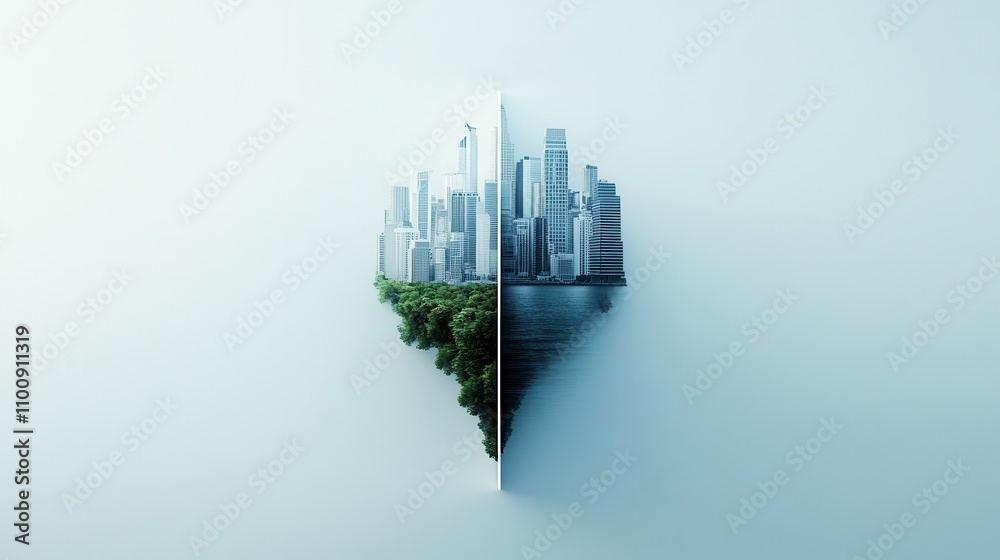 Poster a split image showcasing a vibrant cityscape on one side and lush greenery on the other, symbolizing